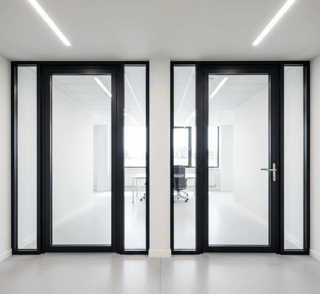 Modern glass office doors with black frames for professional workspace environments.