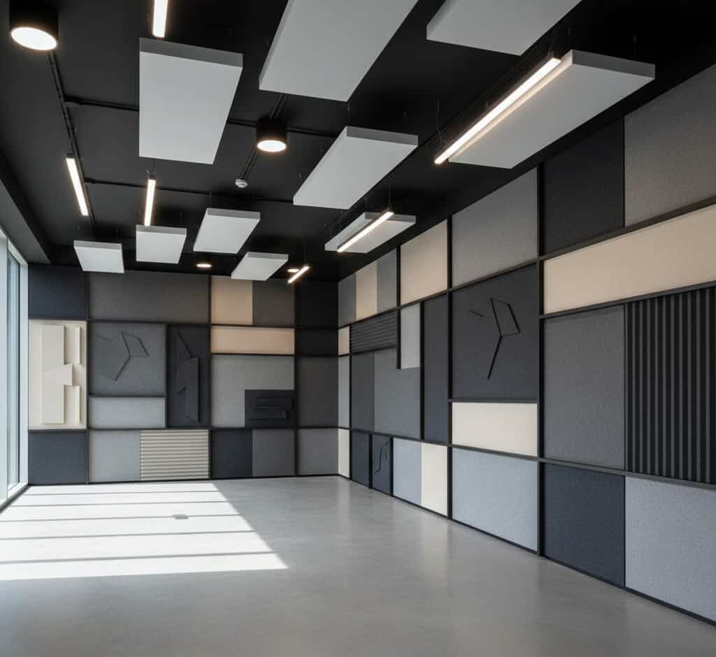 Modern soundproof office room with acoustic wall panels and ceiling lights.
