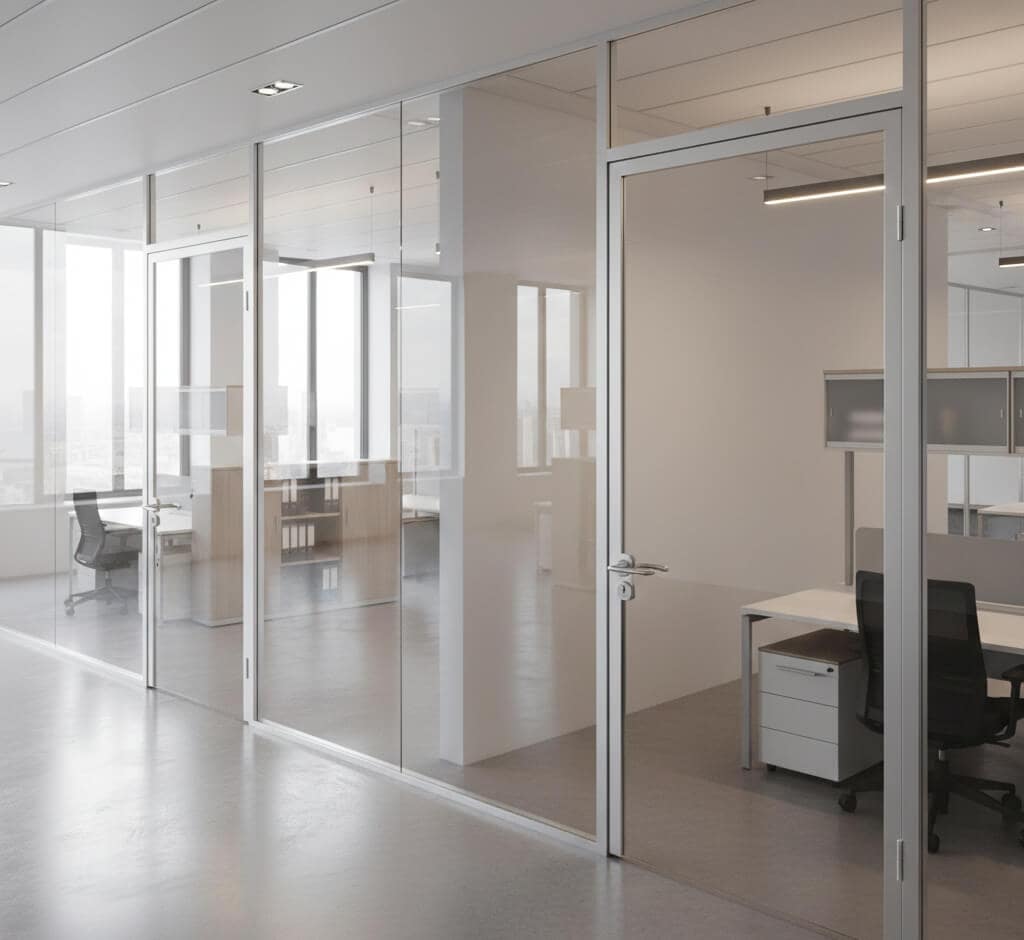 Modern office cubicles with glass partitions in a corporate workspace.