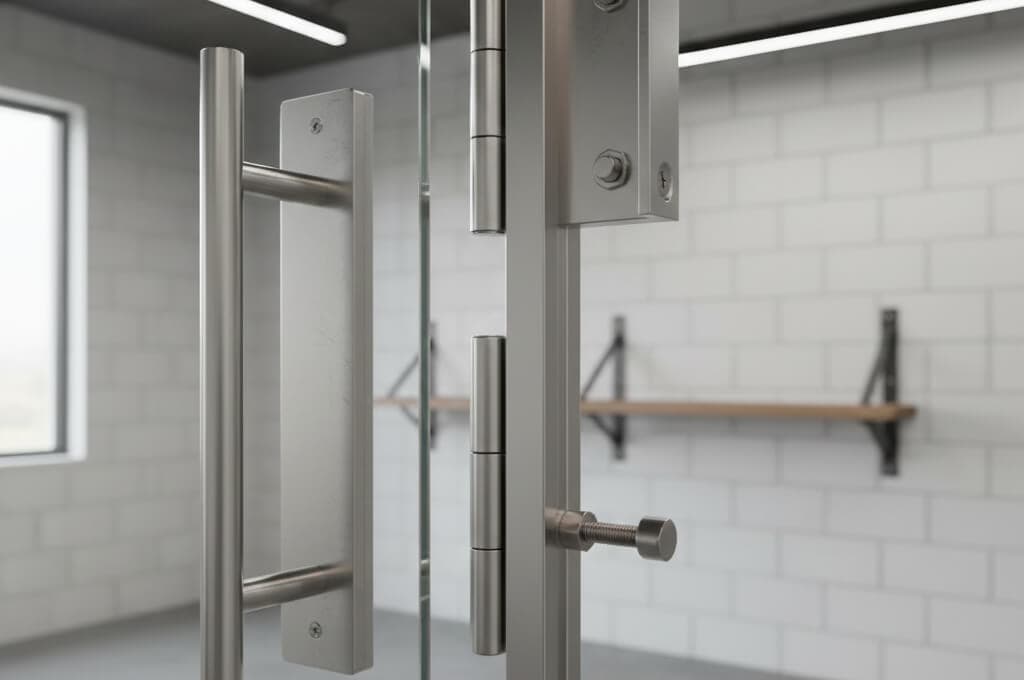 Modern glass door with stainless steel handle and hardware, in a contemporary workspace or commercial setting.