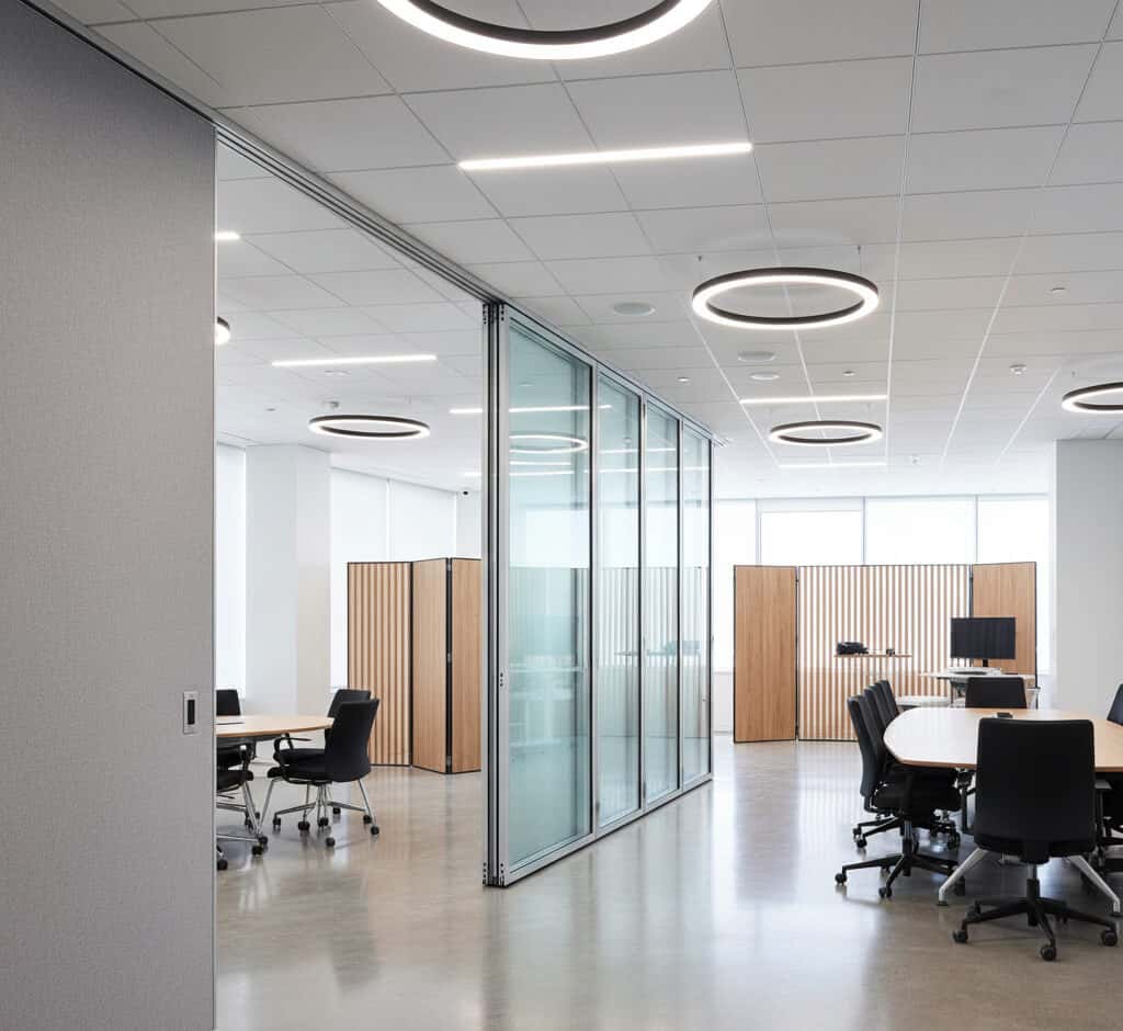 Modern corporate meeting rooms with glass partitions at Team21 PFM office.