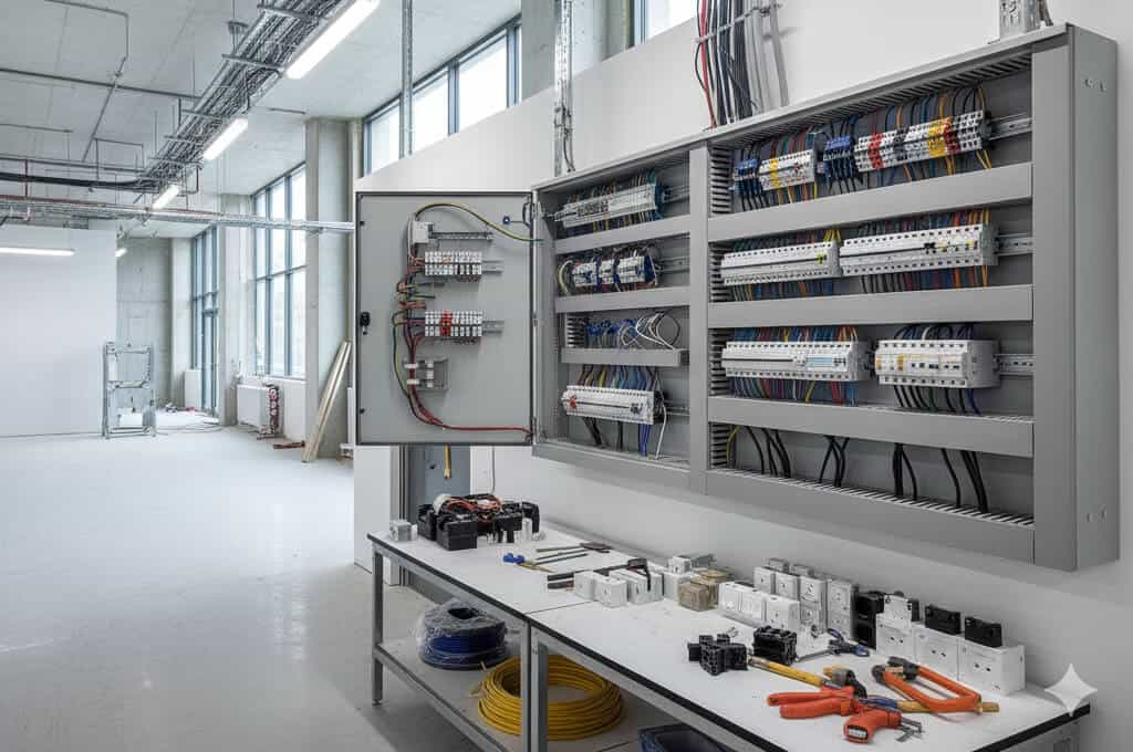 Electrical control panel being assembled in modern industrial facility inside a bright, spacious workshop.