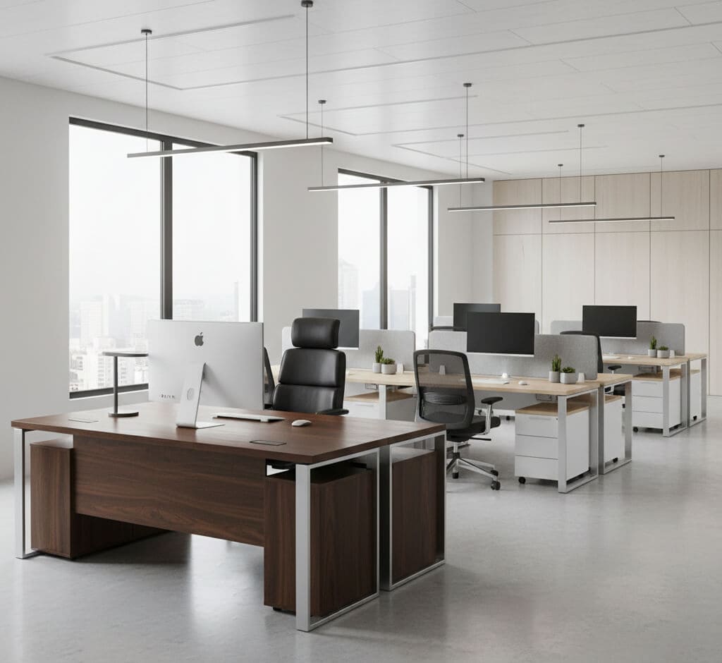Modern office workspace with ergonomic desks and large windows, ideal for productive business environments.