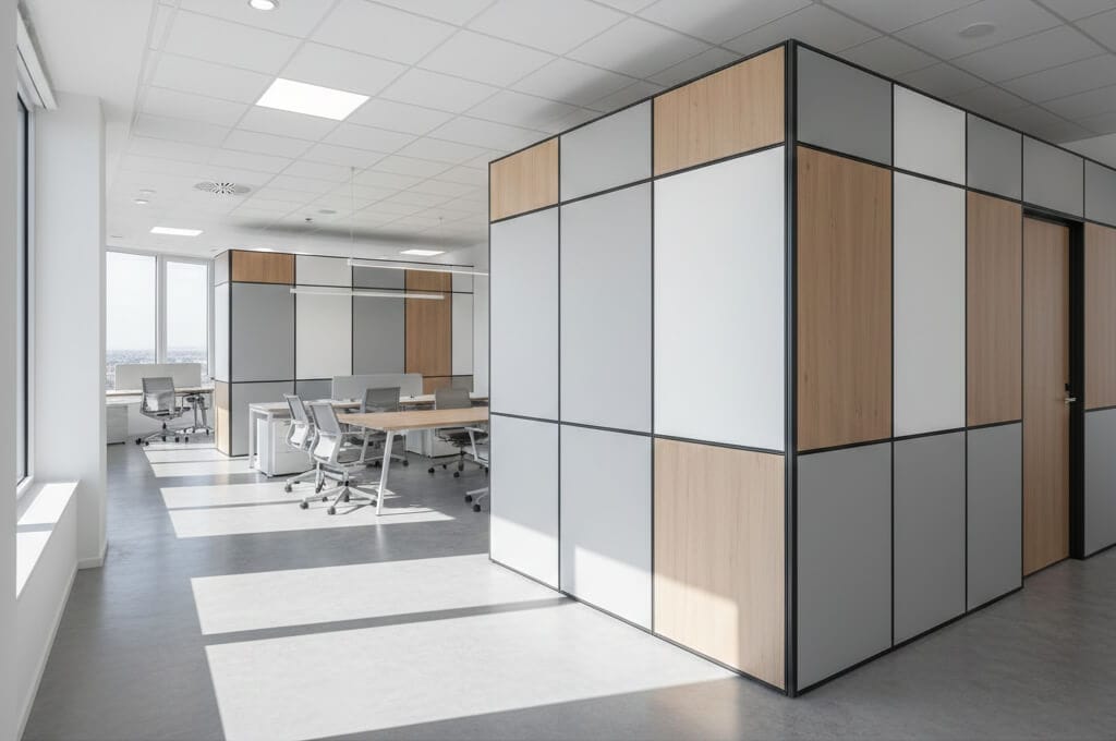 Modern office workspace with glass walls and ergonomic chairs for productive work environment.
