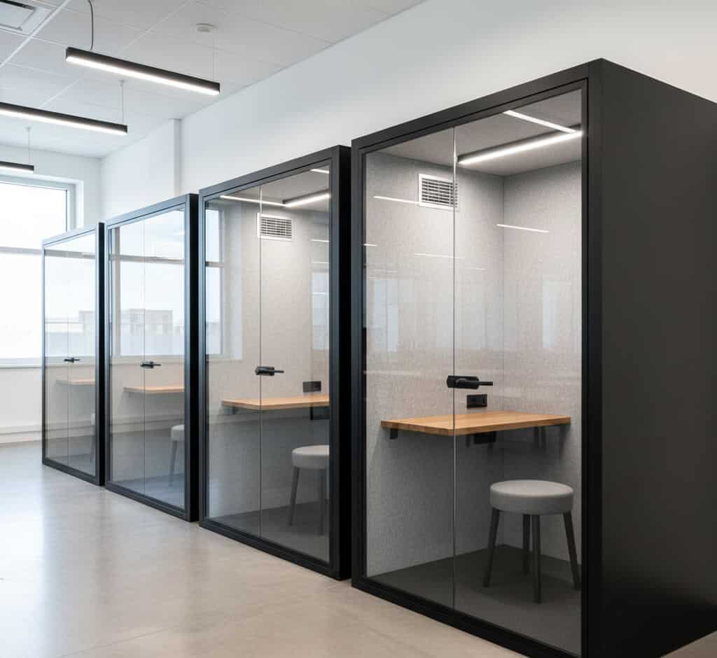 Glass private office pods for team collaboration and remote work at Team21 PFM.