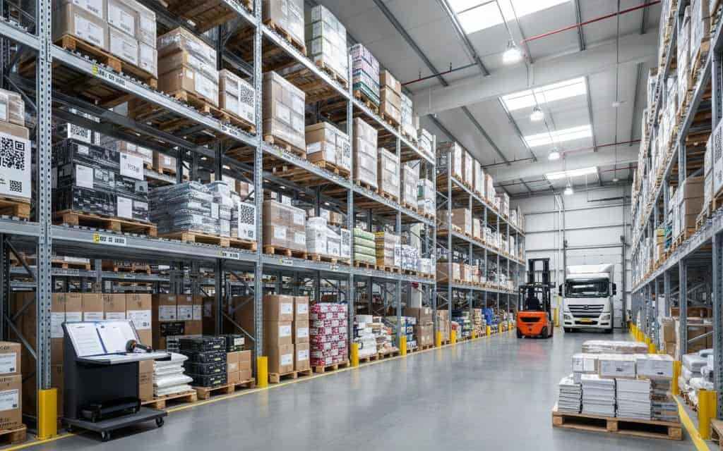 Unloading and organizing inventory in a modern warehouse with forklifts and storage shelves.