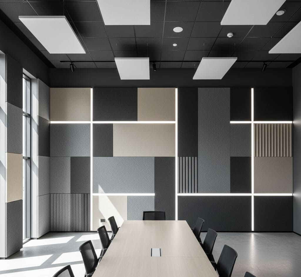 Modern office conference room with sleek wall paneling and ample natural light.