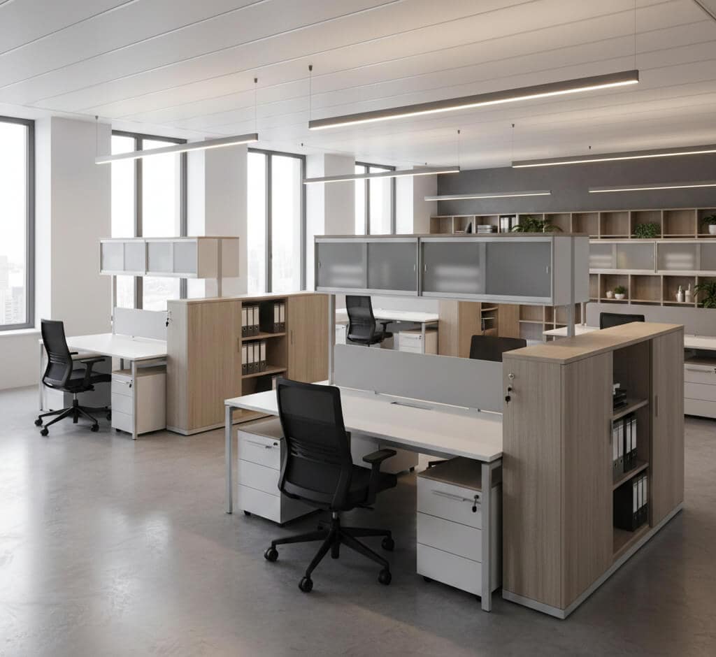 Modern open-plan office workspace with ergonomic desks and chairs, natural lighting, and minimalistic design for productivity.