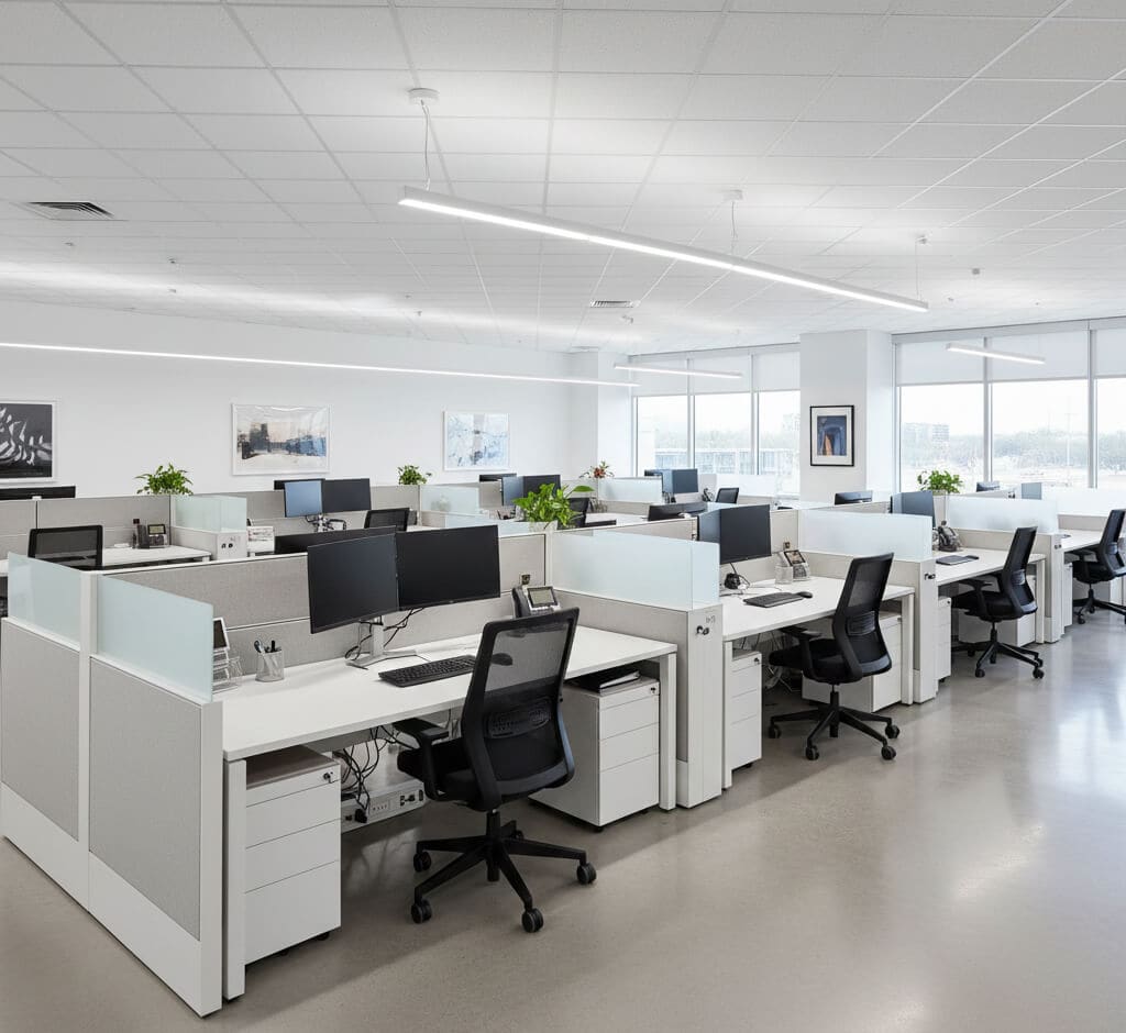Modern open-plan office workspace with desks, computers, and ergonomic chairs.